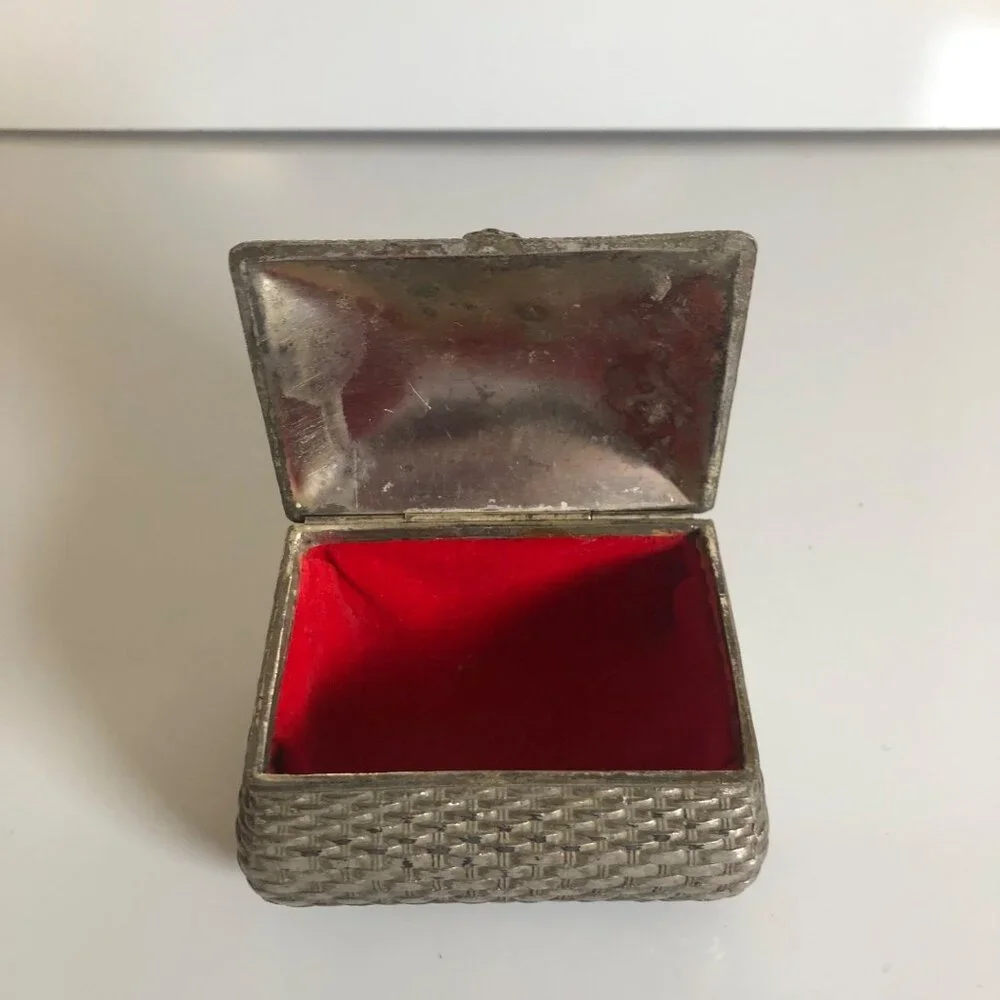 Silver Tone Sunflower Rose Jewelry Casket Red Velvet Lined Trinket Box Vtg Japan